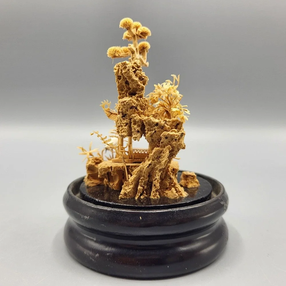 Vtg Chinese Carved Cork Diorama Glass Dome Dark Wood Base Small Shelf Decor READ